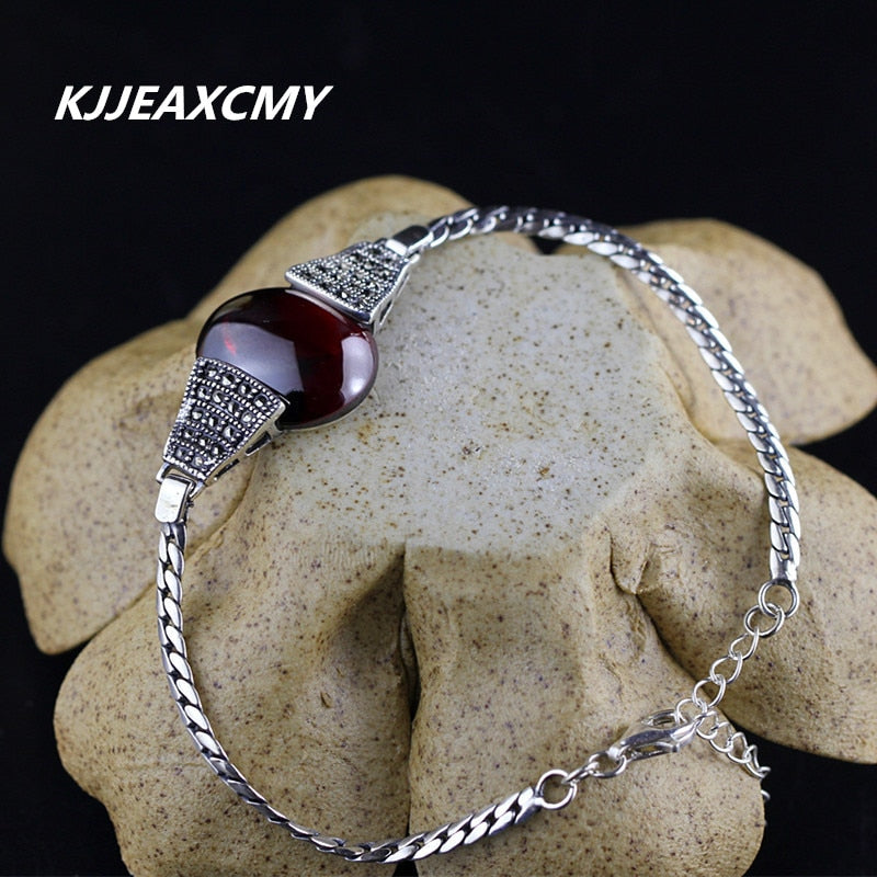 925 sterling silver jewelry new folk style ladies hand inlaid Marcasite Garnet Bracelet