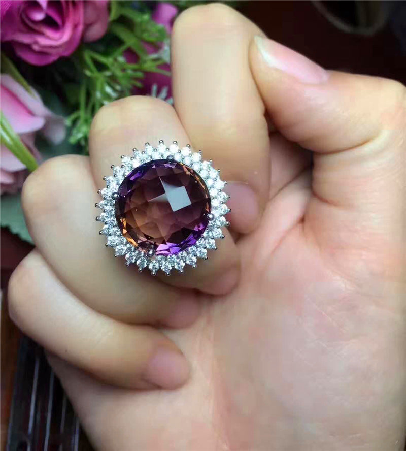925s silver inlaid natural purple Topaz crystal ring of fire