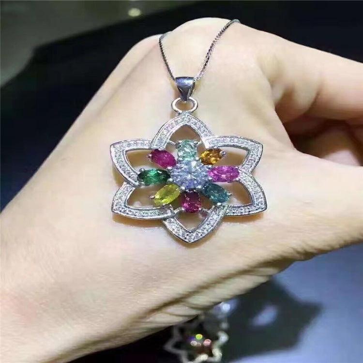 Boutique jewelry Colorful jewelry, natural Tourmaline Pendant, S925 silver inlaid gemstone necklace