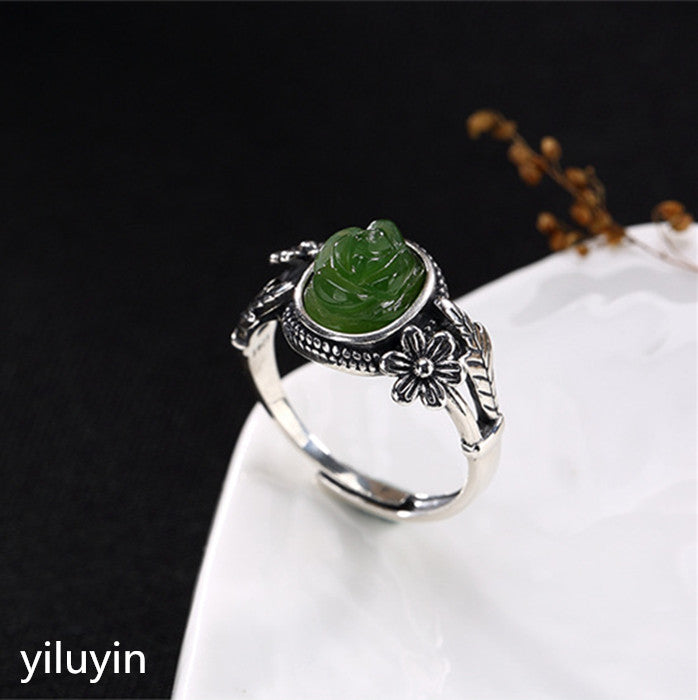 Boutique jewelry S925 Sterling Silver Antique inlaid and field Jade Jade Flower lady high-end open ring