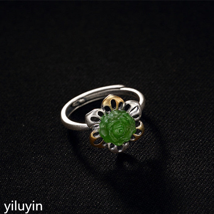 Boutique jewelry S925 Sterling Silver Antique inlaid and field jade Jasper rose mosaic female opening ring