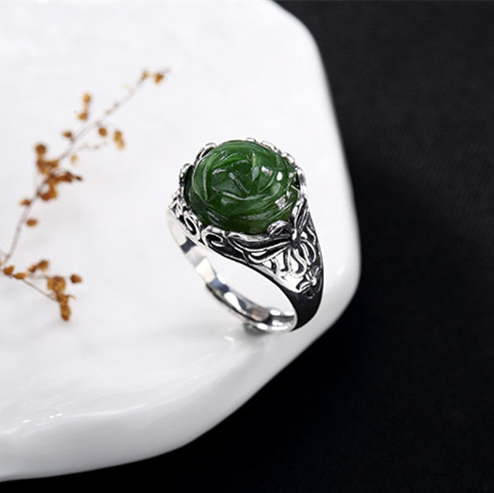 Boutique jewelry S925 Sterling Silver Antique inlaid and field jade peony flower butterfly butterfly opening ring