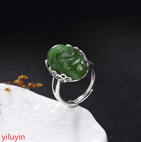 Boutique jewelry S925 Sterling Silver retro natural Hetian jade Jasper mosaic lady high-end open ring