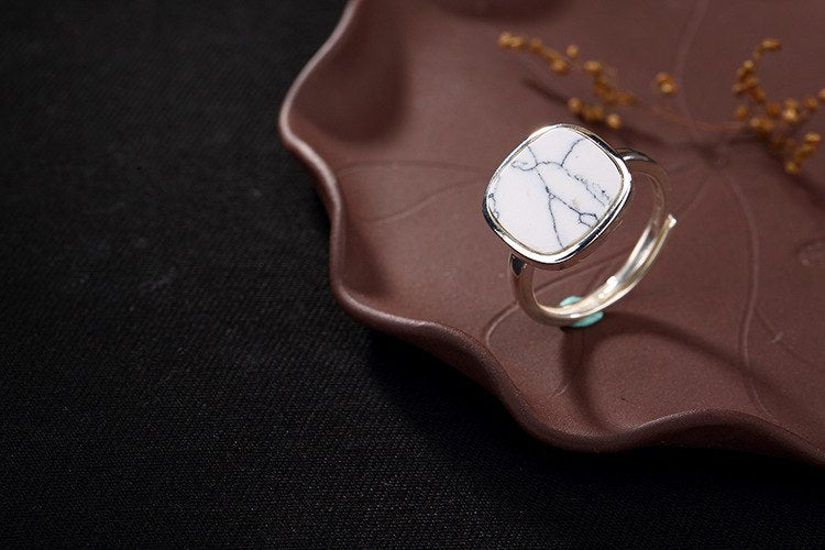 Boutique jewelry S925 pure silver inlaid white, blue, black pine, geometric section, lady's high-end open ring.