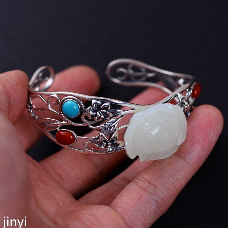 Boutique jewelry S925 sterling silver jewelry, antique roses, wild jade girl, hollowed bracelet, south red, green and