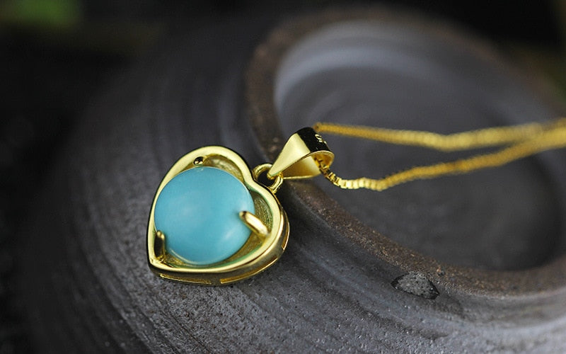 Fashion Pendant S925 sterling silver jewelry gold heart-shaped lady Turquoise Necklace New Listing