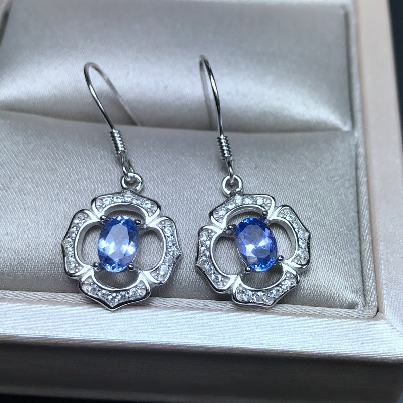Fine Jewelery Natural Tanzanite Earrings Sterling Silver Inlaid female 925 3A color run new hot
