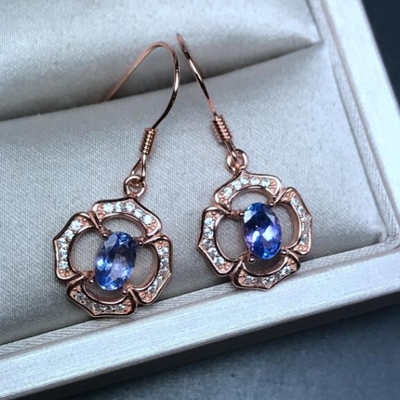 Fine Jewelery Natural Tanzanite Earrings Sterling Silver Inlaid female 925 3A color run new hot