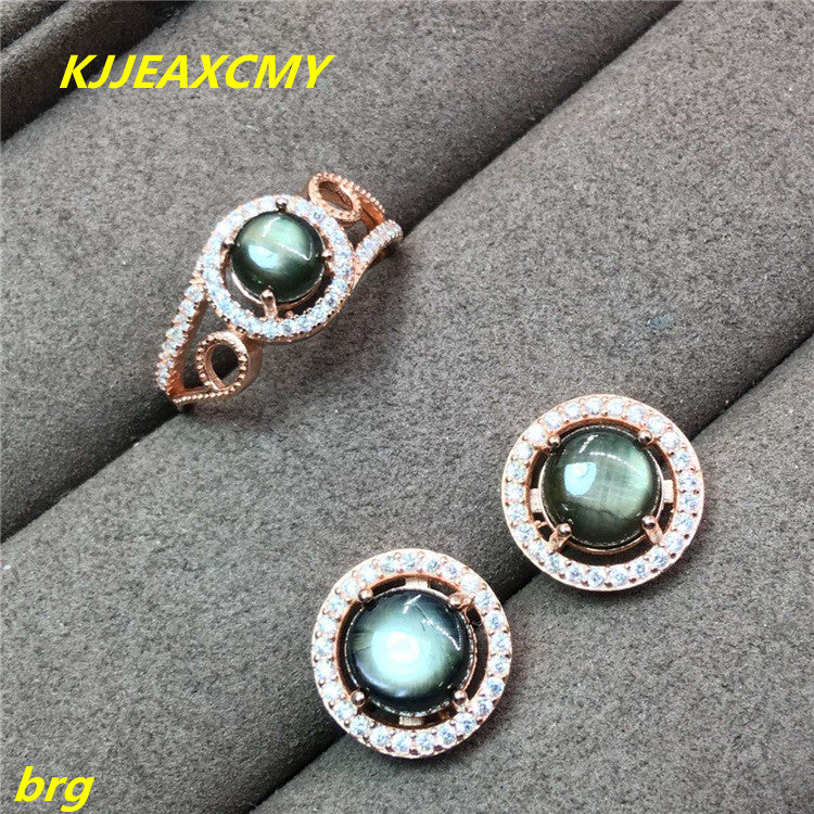 Fine jewelry, 925 Sterling Silver Natural Star Sapphire Set 6 * 6 Ring 7 * 7 Studs Women's Silver Jewelry