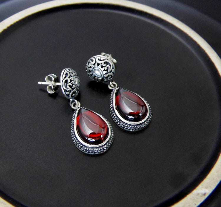 Fine jewelry 925 Sterling Silver Thai silver retro pattern drops corundum garnet earrings ladies earrings