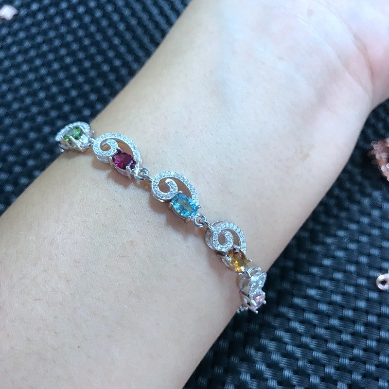Fine jewelry 925 Sterling Silver natural tourmaline, female bracelet, colorful factory