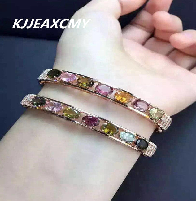 Fine jewelry 925 Sterling Silver with natural stone color tourmaline Bracelet Bangle Bracelet purity silver jewelry