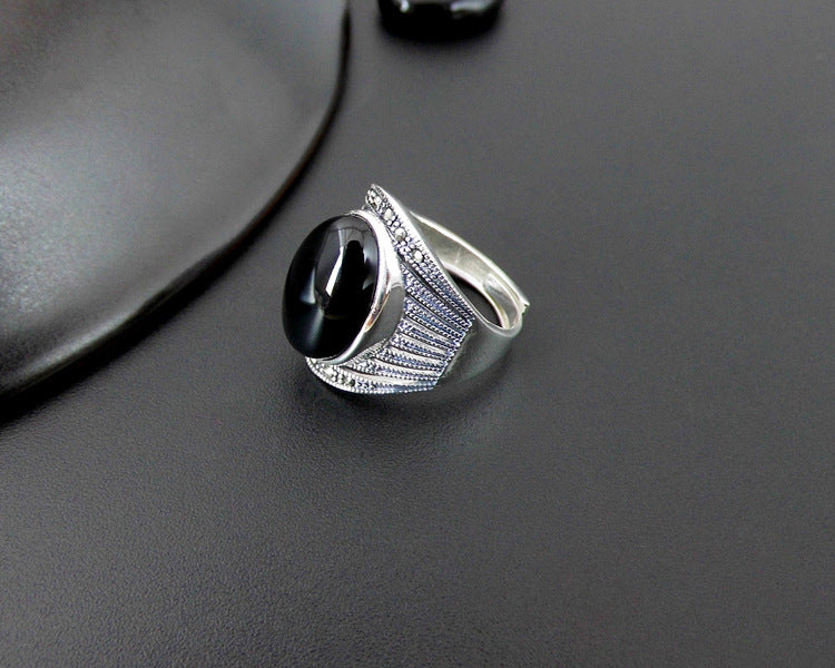 Fine jewelry 925 Thai silver onyx 9k silver retro open gem ring exaggerated atmospheric female food ring