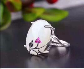 Fine jewelry 925 pure silver inlaid natural white jade female ring, micro inlaid jewelry