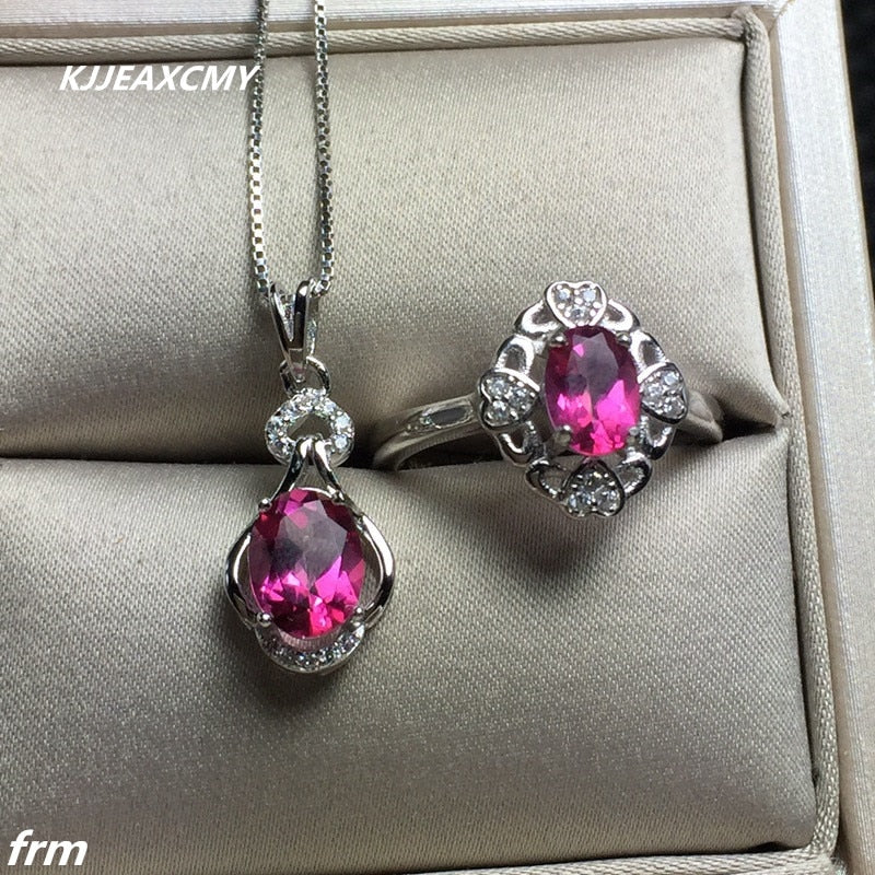Fine jewelry 925 silver inl red topaz female ring necklace pendant set ring live mouth