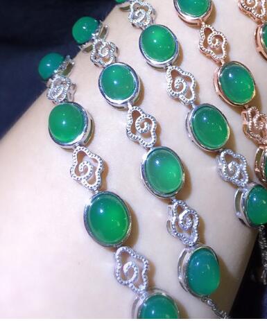 Fine jewelry 925 sterling silver inlaid green chalcedony bracelet as a simple alluxe green jade