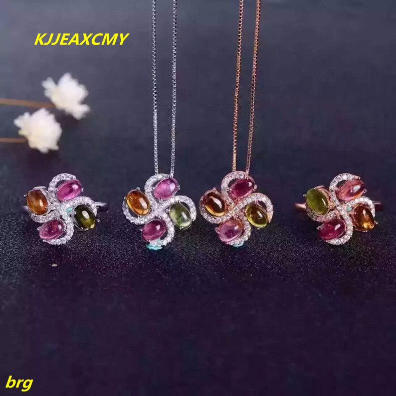 Fine jewelry, 925 sterling silver inlaid natural candy tourmaline ring pendant ladies set Platinum plated rose gold