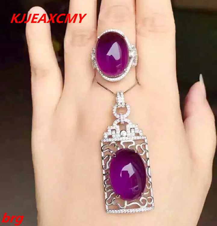 Fine jewelry, 925 sterling silver plated white gold ring pendant deep amethyst necklace set ladies two-piece suit