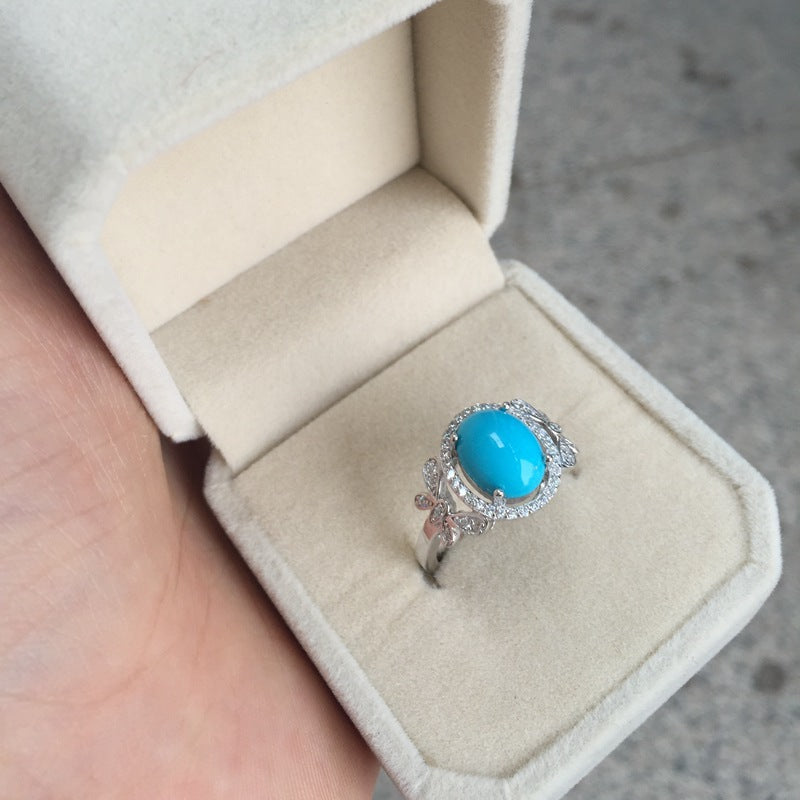 Fine jewelry Fine 925 sterling silver inlaid pure natural turquoise female ring   live mouth