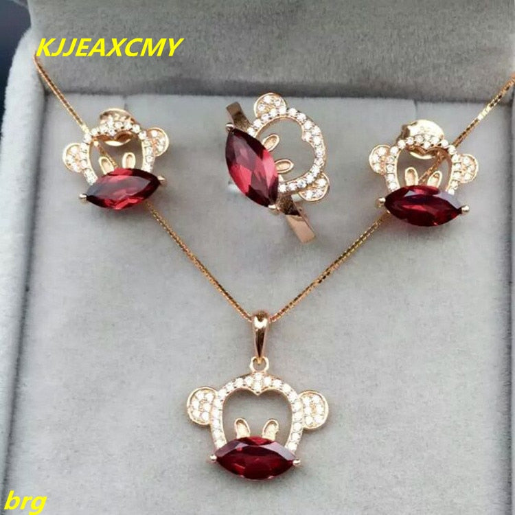 Fine jewelry, Natural Garnet Monkey Pendant in Sterling Silver and Pendant + Stud Earrings Set of 4 Recess Ring