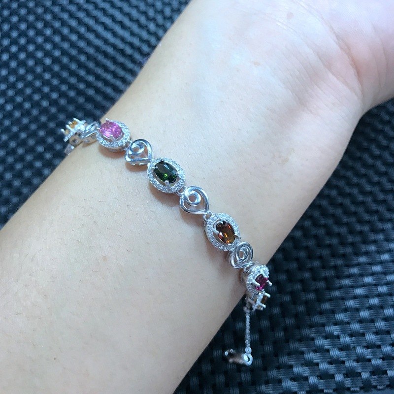 Fine jewelry Natural tourmaline 925 silver inlaid in kind photos, new sterling silver bracelet bracelet