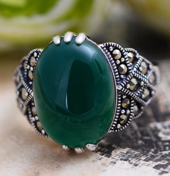 Jimei silver jewelry   925 sterling silver jewelry inlaid natural agate Marcasite female ring bag mail