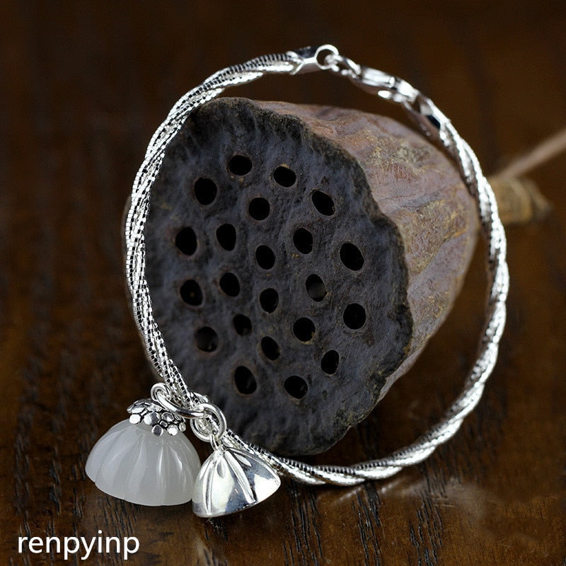 S925 sterling silver, fashionable, exquisite, pure handmade lady, white jade orchid bracelet, fresh art