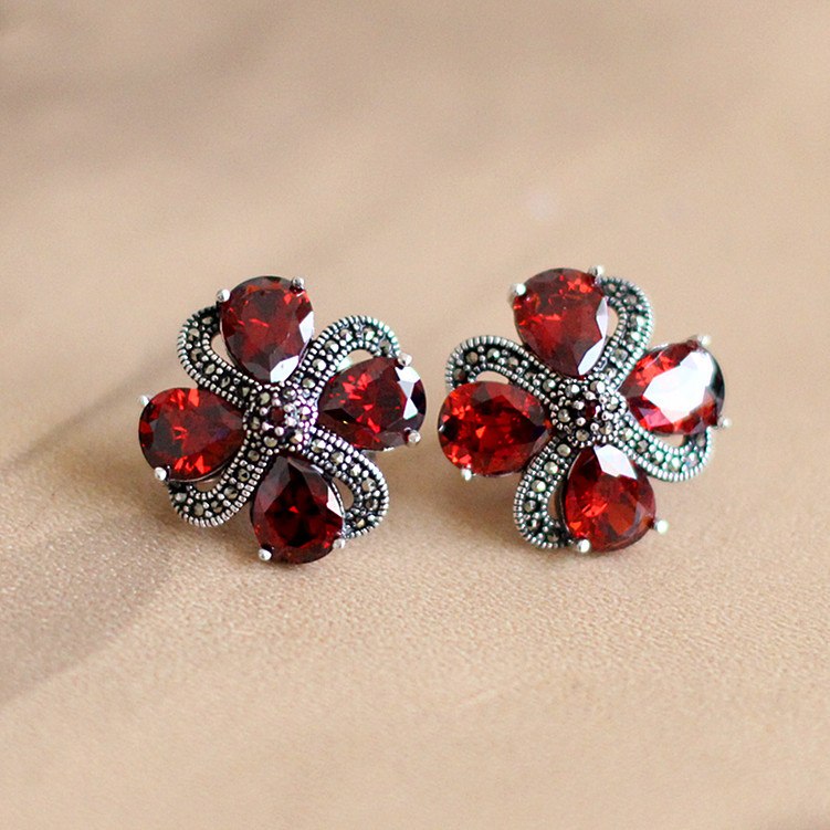 S925 sterling silver jewelry   personalized retro mosaic mosaic garnet earrings
