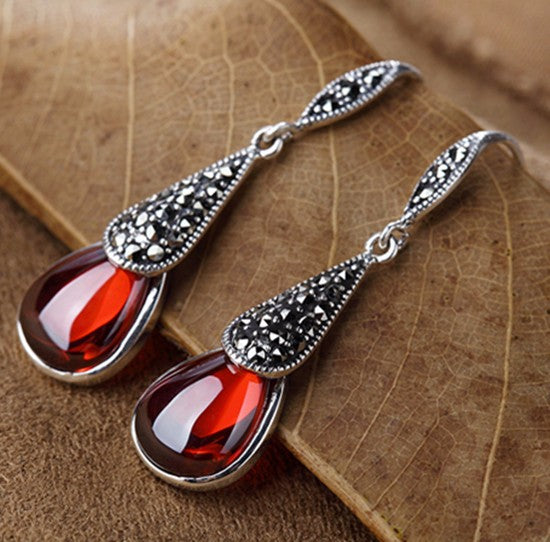 S925 sterling silver jewelry   personalized retro mosaic mosaic red corundum garnet ladies earrings