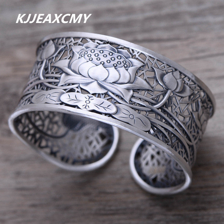 S999 Zuyin jewelry silver hollow lotus lotus retro female trendsetter wide Bracelet