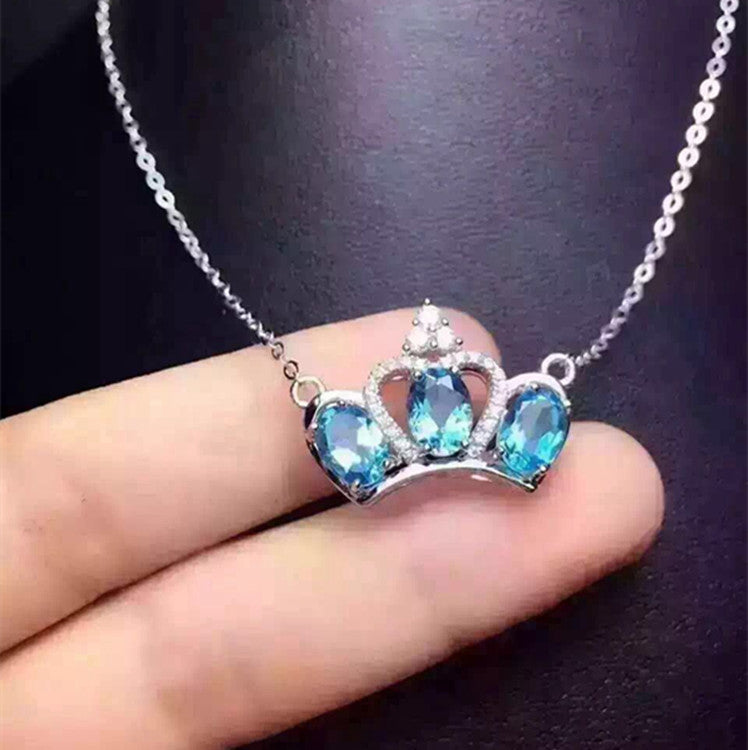boutique jewelry, 925 Sterling Silver Natural Crystal Topaz Blue Crystal Pendant Necklace Jewelry Chain female clavicl