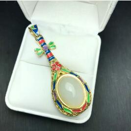 boutique jewelry 925 pure silver inlaid natural white jade Pipa Pendant + Necklace Jewelry