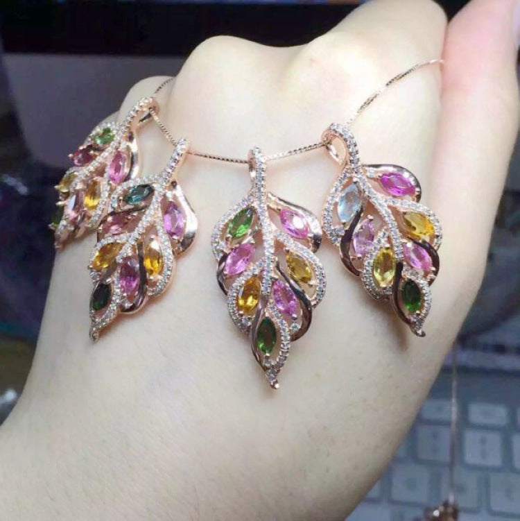 boutique jewelry,925 silver inlaid natural candy tourmaline Lucky leaf female models pendants