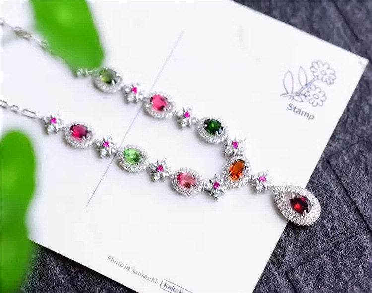boutique jewelry, pure natural tourmaline, female necklace,S925sterlingsilver plated, gold inlaid, 6 class a pure gem