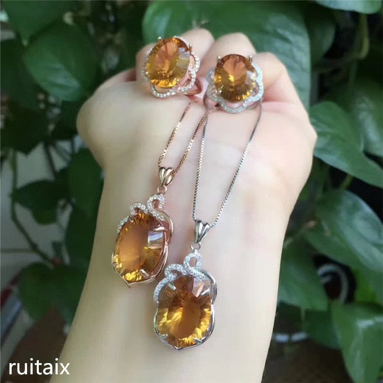 boutique jewels 925 Pure silver inl natural round topaz female ring + necklace + pendant set inl accessories qewds