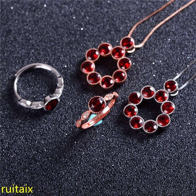 boutique jewels Pure silver inlaid with natural garnet female ring pendant necklace 2 pieces of gold and silver color.