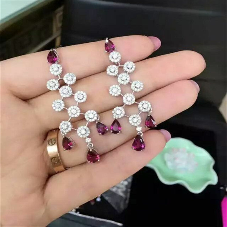 fine jewelry 925 Pure silver inlaid with natural aluminum magnesium garnet female ear nail jewelry.