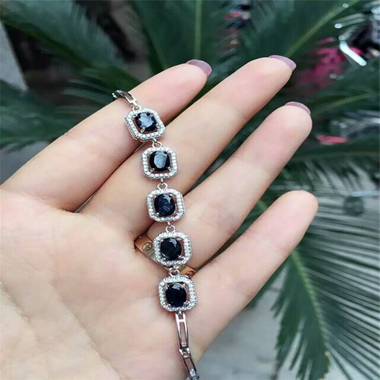 fine jewelry 925 Pure silver inlaid with natural sapphire square lady bracelet