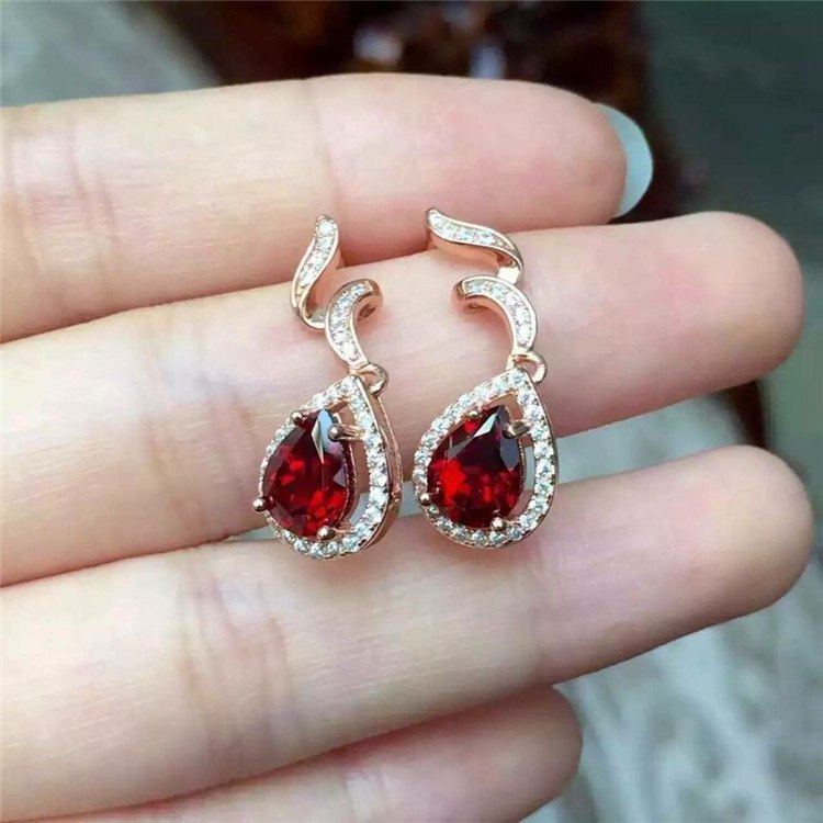 fine jewelry 925 Pure silver inlaid with natural water drop garnet female ear nail jewelry