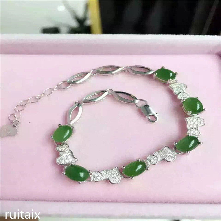 fine jewelry 925 Pure silver inl natural and field jasper female style bracelet chrysanthemum retro curve