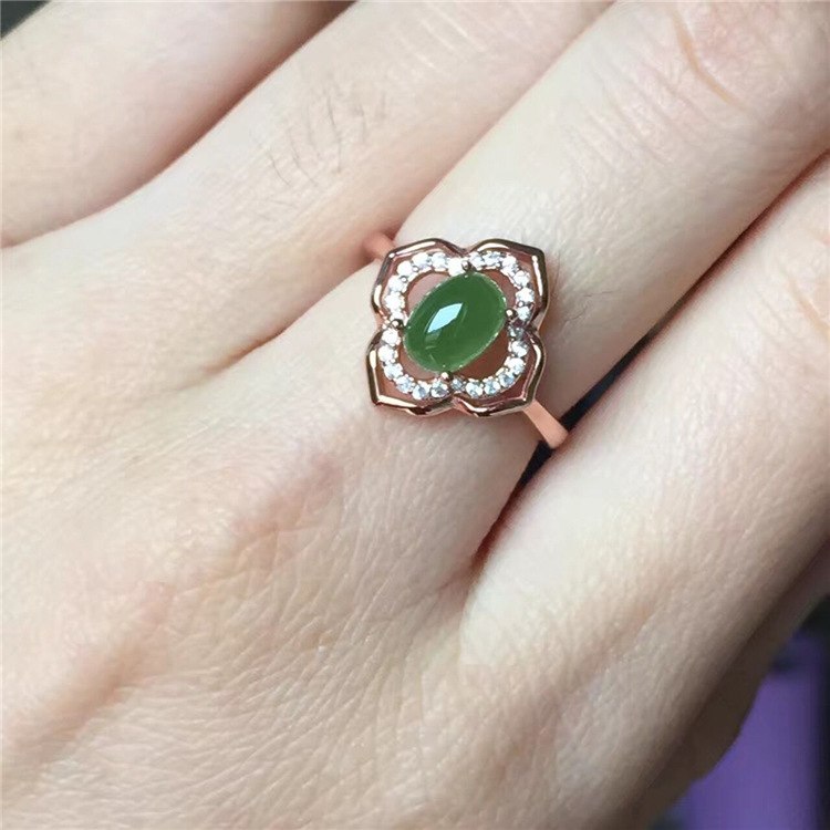 fine jewelry 925 Pure silver inl natural jasper female ring jewelry gemstone simple four-leaf clover hollow