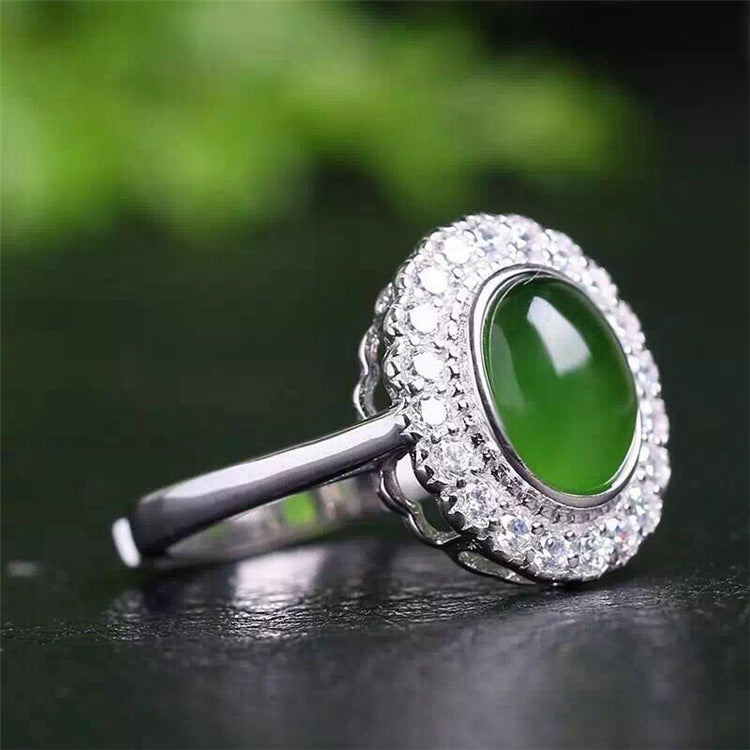 fine jewelry 925 Pure silver inl natural white jade jasper gemstone women's oval ring jewelry micro-inl minimalism