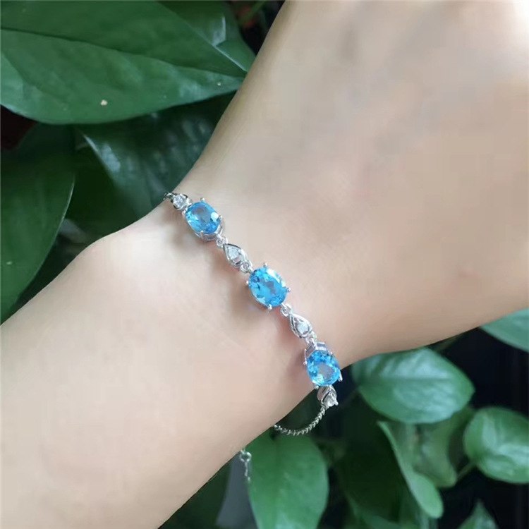 fine jewelry 925 Pure silver with natural blue topaz bracelet jewelry gold and silver color. qwxcvb wesd
