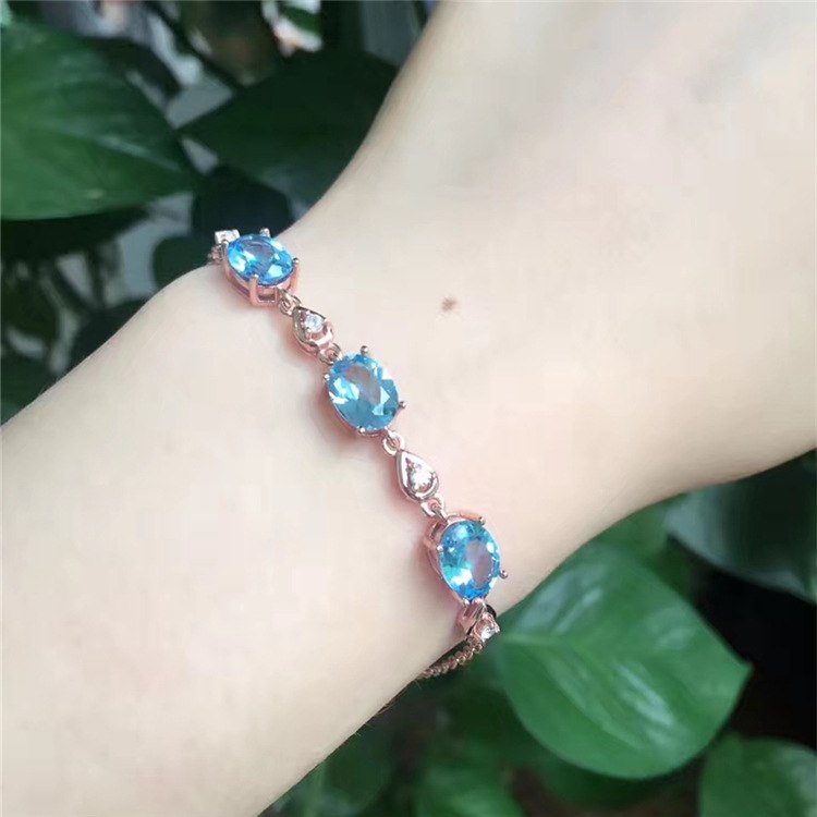 fine jewelry 925 Pure silver with natural blue topaz bracelet jewelry gold and silver color. qwxcvb wesd