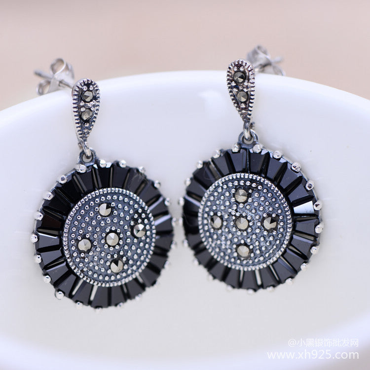 fine jewelry 925 Sterling silver jewelry retro black disc earrings for women