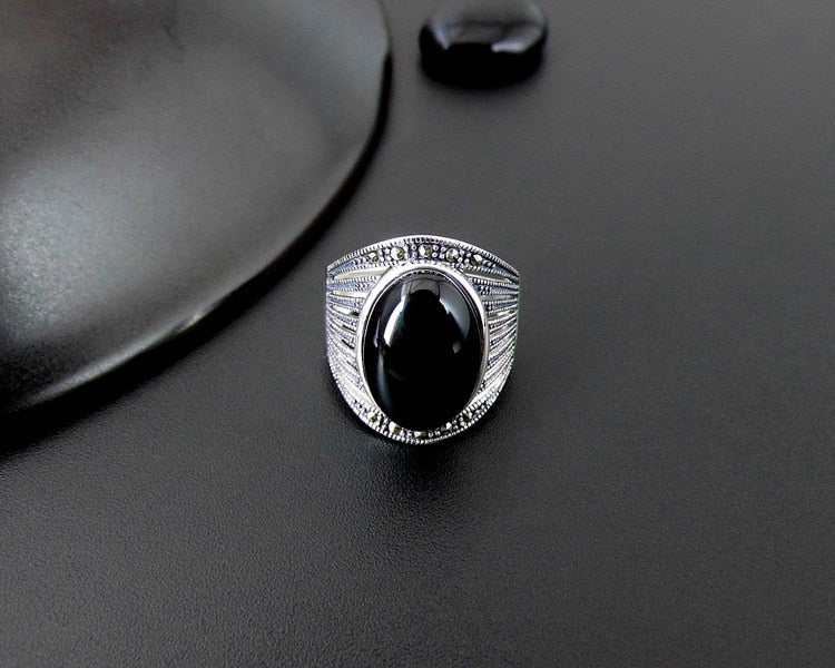 fine jewelry 925 Sterling silver taiyin black agate ring female index finger vintage court personality fashion