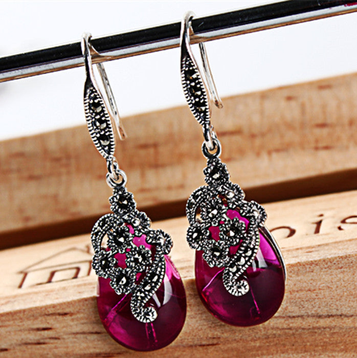 fine jewelry 925 pure silver, Thai silver, retro Korean, simple temperament, ruby red corundum earrings, ladies' acces