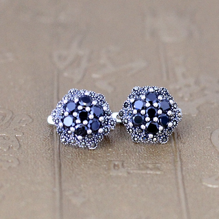 fine jewelry 925 pure silver inlaid Black Agate fancy six horns lady Earrings Jewelry