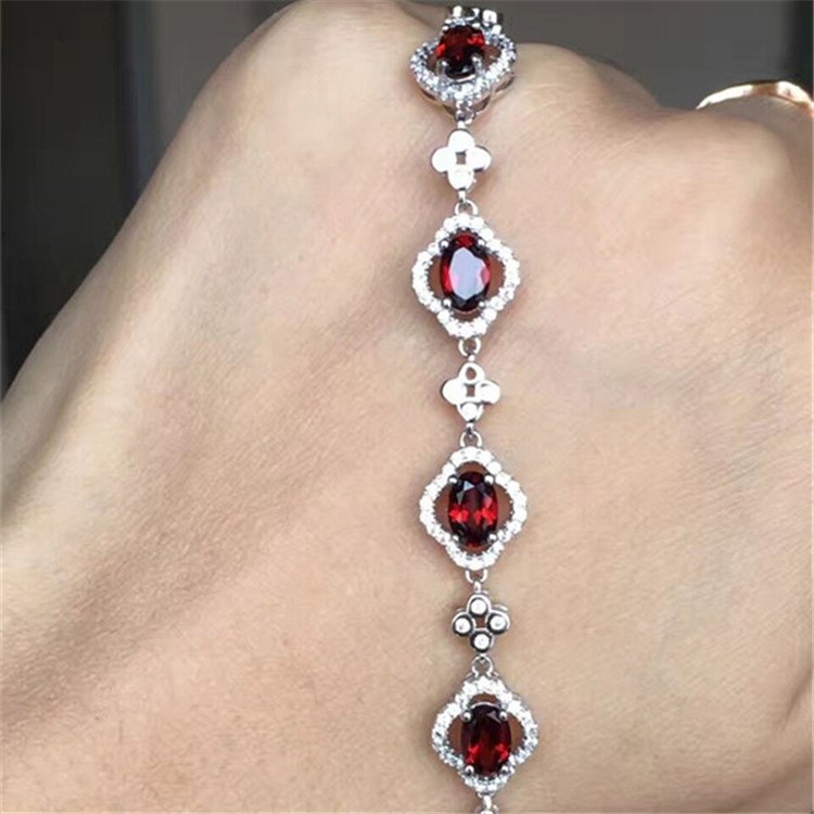 fine jewelry 925 pure silver inlaid natural gem pomegranate stone women's bracelet jewelry fashion.mkoiu