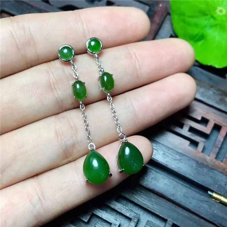 fine jewelry 925 pure silver inlaid with natural hetian jade medulla lady's long oval ear hook shaped